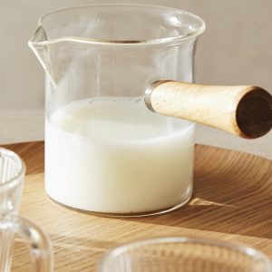 BOROSILICATE GLASS AND WOODEN MILK JUG